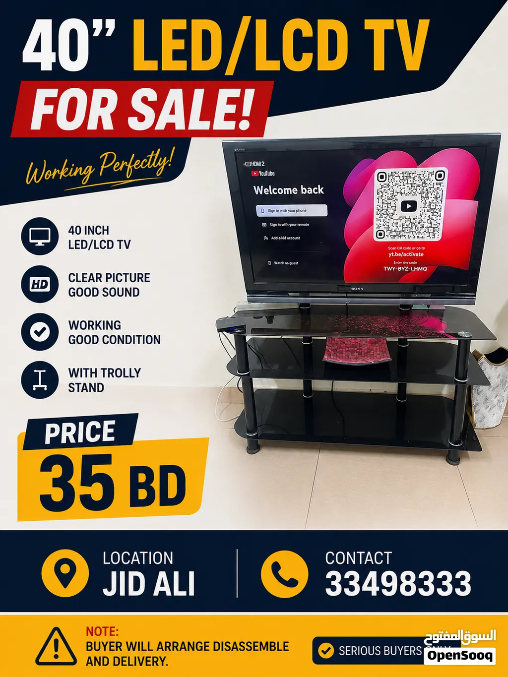 40” SONY LED/LCD TV FOR SALE WITH STAND – ONLY BD 35