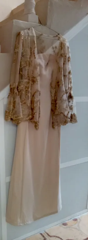لبسة من قماش الشيفون البيج والدانتيل الذهبي المطرز