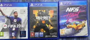 سيديات بلايستيشن 4 (PS4) مستعملة بحالة ممتازة للبيع (FIFA 23 ،COD BO4 ،NFS Heat)