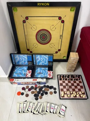 Toys  Carom board, Battleship, Chess, Jenga, Cards