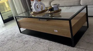 Modern Glass Top Coffee Table with Wood Drawer and Metal Frame