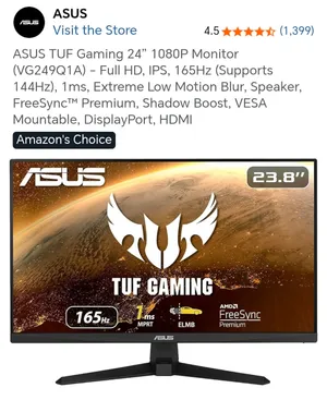 شاشة العاب ماركة ازوز توف ASUS TUF GAMİNG للكومبيوتر وللكونسل حجم 24 بوصة مع كامل ملحقاتها.