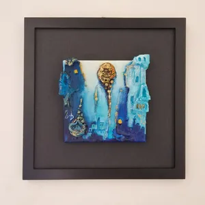 Original signed Iraqi blue 3D painting 31x31cm framed