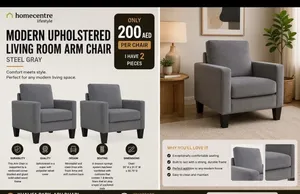 2 Home Centre Upholstered Armchairs – Steel Grey – Excellent Condition