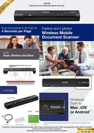 Epson WorkForce ES-60W Wireless Portable Document Scanner – Brand New
