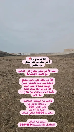 أرض  سكنيه للبيع ولاية طاقه مربع ز  مفتوحة ظهر وبطن  فيها خصوصيه عند البيوت والإستراحات عند شارع60