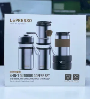 LēPresso GrindGo Trio 4×1 V60 مطحنة كهربائية ماكينات القهوة ويدوية غلاية مياه + كوب حراري