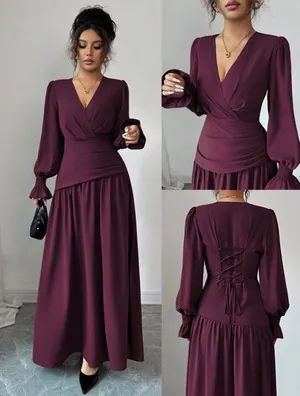 New Elenzga Women's Burgundy Maxi Crisscross Back Puff Sleeve Dress - Size M