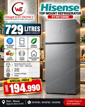 MAIN HEADLINE: HISENSE TOP MOUNT REFRIGERATOR MODEL: RT3N729NBI