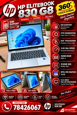 11th GEN X360 TOUCH HP ELITEBOOK 830 G8 CORE i7 32GB RAM 512gb SSD NVMe 13.5 INCH SCREEN SIM SUPPORT