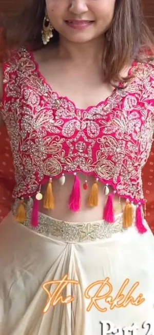 Dhoti skirt dark  pink embroidered crop top with yellow shrug size medium to large