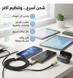 كابل شحن سريع 3 في1بقدرة 65واط – Lightning وType-CوMicro USB بطول15سم  شحن مجاني والدفع عندالاستلام