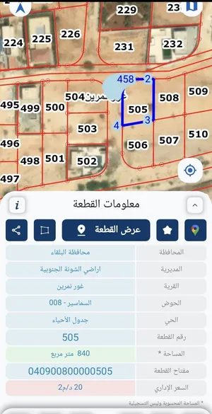 قطعة ارض سكنية الشونة طريق الجسر