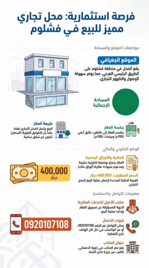 محل تجاري للبيع فشلوم الرئيسي رابط بين فشلوم وبن عاشور