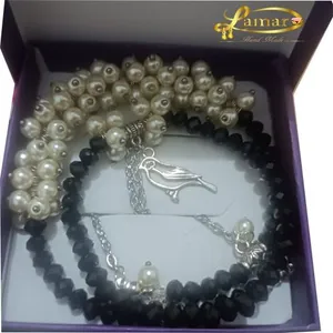 طقم إكسسوارات هاند ميد -لامار كريستال ولولي ابيض وخرز عقيق free size