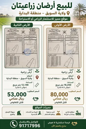فرصة استثمارية مميزة من المالك مباشرة للبيع أرضين زراعيتين في موقع استراتيجي
