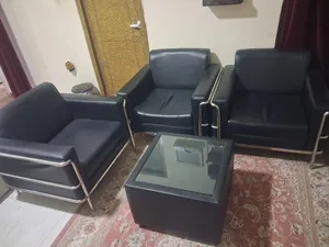 URGENT SALE! Black Sofa Set + Glass Table 80 OMR Good Condition