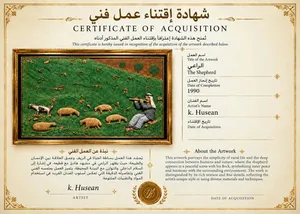 عمل فني بارز منجز عام 1990م مع شهادة اقتناء