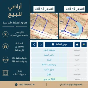 ارض للبيع على طريق السلط 500م2