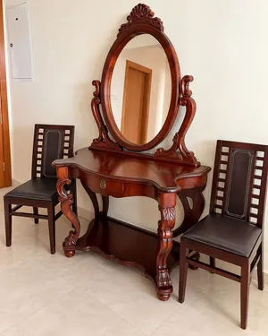 Luxury Italian Wooden Dressing Table with Oval Mirror and 2 Chairs