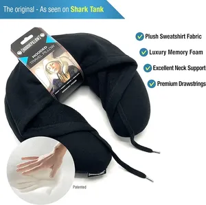 HoodiePillow's inflatable and comfortable travel neck pillow for airplanes, featuring an included ho