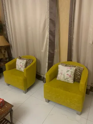 2 Yellow Accent Armchairs / Single Sofas with Pillows – Quick Sale (200 SAR for Both)