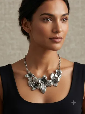 سلسال نسائي أصلي من ماركة Lucky Brand بتصميم ورود فضية عتيقة وتفاصيل بوهيمية مميزة