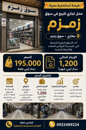 محل للبيع في سوق زمزم في ساحة السوق مساحته 8*8 واجهة 2 سرانتي مؤجر حالياً بدخل ثابت 1200 دينار شهريا
