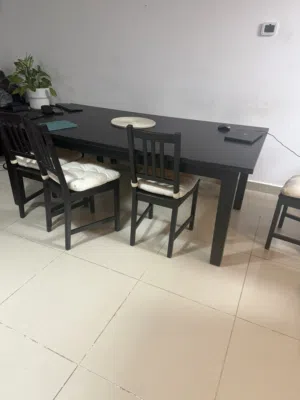Wooden big table with 5 chairs bench and cushions