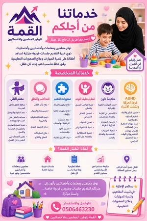 أخصائي أو أخصائية التربية الخاصة ( التوحد التخاطب فرط الحركة وتشتت الانتباه adhd متلازمة داون...