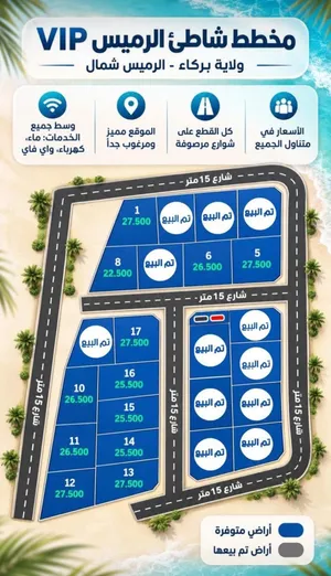 أراضي سكنية مميزة للبيع  مخطط شاطئ الرميس VIP