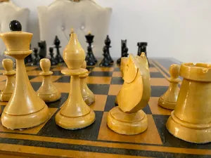 Vintage Soviet Wooden Chess Set – 1960 – Complete with Original Folding Board