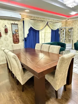 Pure wood handmade dining table 8 seater. With beige chairs