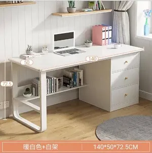 مكتب دراسة وعمل خشبي أبيض بتصميم عصري وأنيق 3 أدراج جانبية + رف تخزين سفلي بإطار معدني عملي