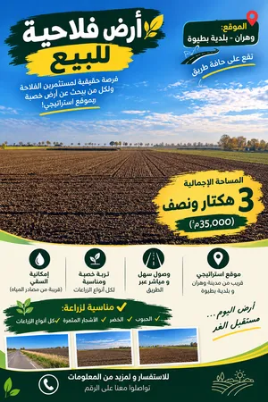 أرض فلاحية للبيع – فرصة للاستثمار  الموقع: وهران – بلدية بطيوة المساحة: 3 هكتارات ونصف