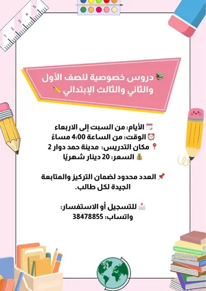 سيدة مستعدة للتدريس صف اول و ثاني و ثالث ابتدائي/ منطقة اللوزي مدينة حمد دوار 2