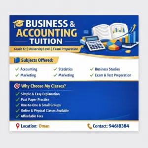 Business Studies/ Statistics/ Accounting subject Teacher مدرس مادة المالية والمحاسبة