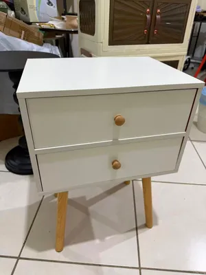 white bed side table, double drawer, wood