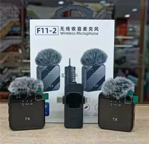 ميكروفون لاسلكي F11-2 لتسجيل الصوت بجودة عالية , ميكروفون احترافي مزدوج مع مستقبل صغير مناسب للبث
