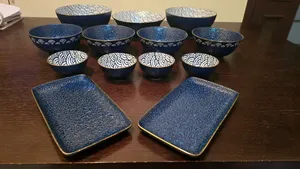 طقم صحون وزبادي بورسلين / سيراميك ياباني فاخر لون أزرق استعمال نادر (13 قطعة) + 6 قطع