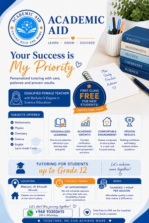 Private Tutoring Qualified Female Tutor – Maths, Physics & Chemistry Up to Grade 12