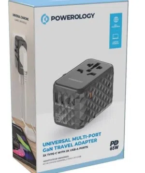 Powerology 65W Universal Multi-Port Travel Adapter, GaN Technology, Grey  P65W3PD-GY