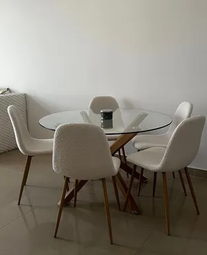 Round Glass Dining Table with 5 Upholstered Chairs (price can be discussed) (serious buyers only)