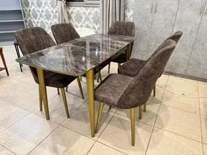 Dining table expandable, 150 cm, 5 chairs, gold steel legs, TOP Wood