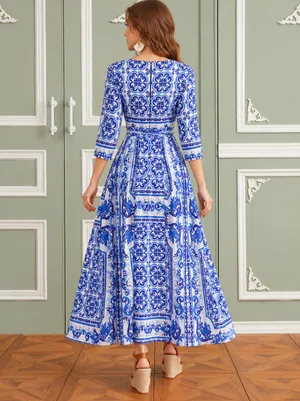 shein blue and printed maxi dress