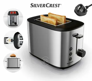 صندوق SilverCrest لمحصة خبز (توستر) مزدوجة بقدرة 850 واط. [1]  محمصة خبز منزلية بفتحتين للشرائح.  تص