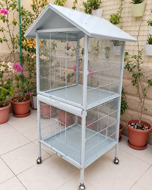 Large 2-Level Metal Bird Aviary Cage with Roof & Wheels