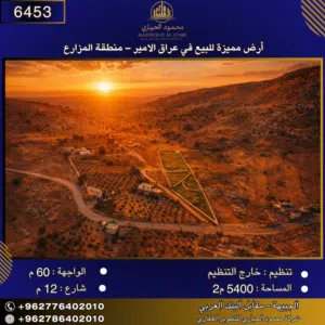 إعلان رقم (6453)  أرض مميزة للبيع في عراق الأمير – منطقة المزارع / 5400 م2