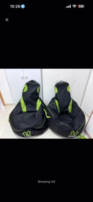 Pair of Black Green Quilted Bean Bag Gaming Chairs