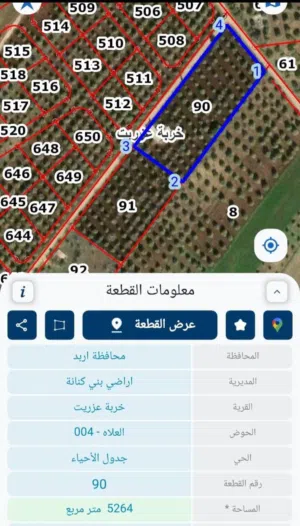 ارض زراعية للبيع من اراضي بني كنانة خربت عزريت منطقة العلا، المساحة 9 دونم و 106 امتار على شارعين